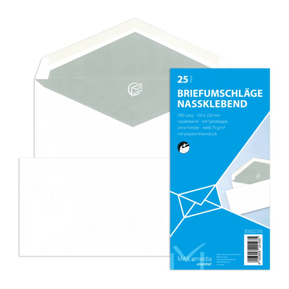 Briefumschläge DIN lang (220x110 mm), ohne Fenster, gummiert, 72 g/qm, 25 Stück