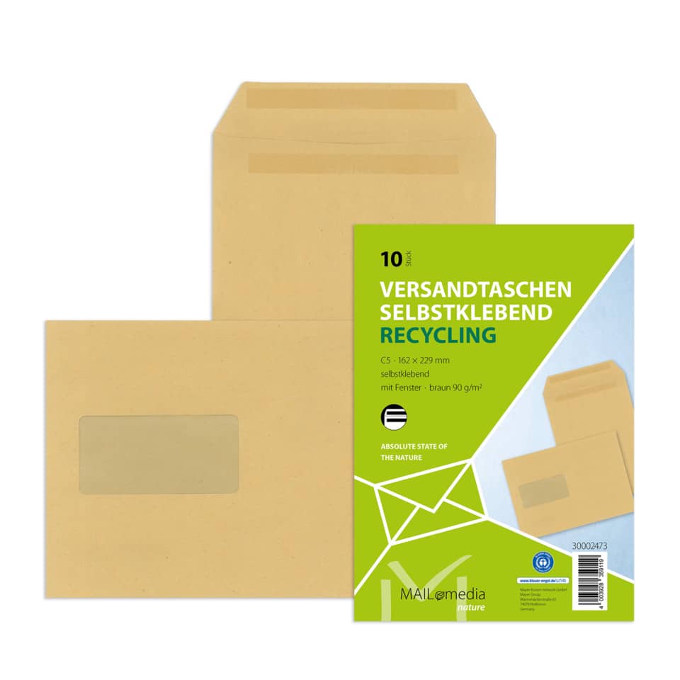 Versandtaschen Recycling - C5, mit Fenster, selbstklebend, 90 g/qm, braun, 10 Stück