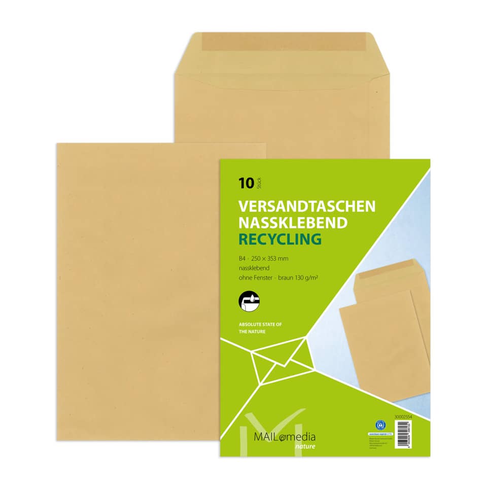 Versandtasche B4, nassklebend, ohne Fenster, braun, 130 g/qm, 10 Stück