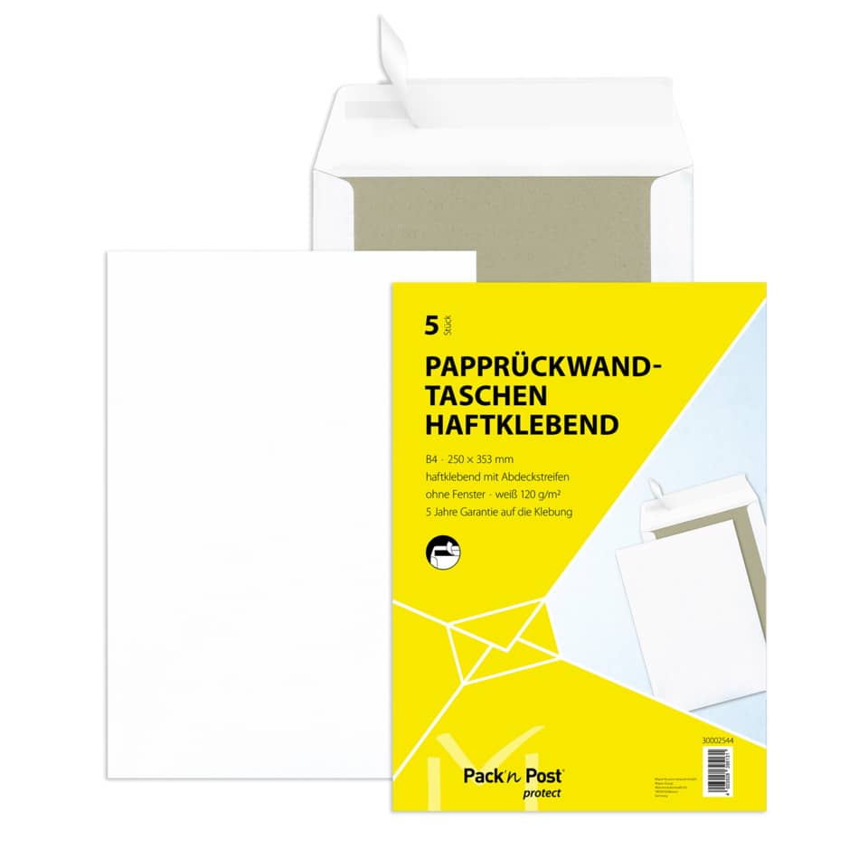 Papprückwandtaschen B4, ohne Fenster, 120 g/qm, weiß, 5 Stück