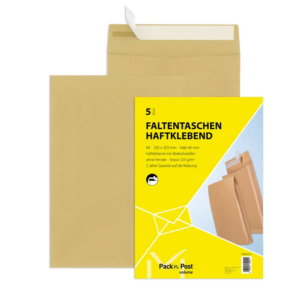 Faltentaschen - B4, ohne Fenster, 40 mm-Falte, Klotzboden, haftklebend, braun, 130 g/qm, 5 Stück