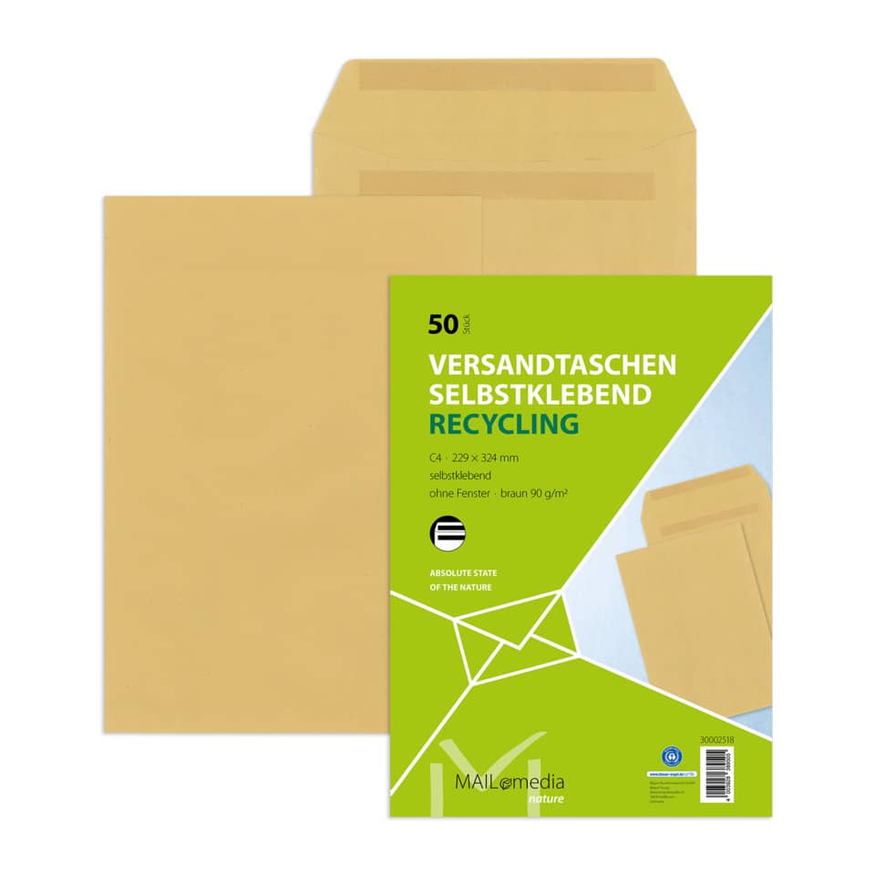 Versandtaschen Recycling - C4 , ohne Fenster, selbstklebend, 90 g/qm, braun, 50 Stück