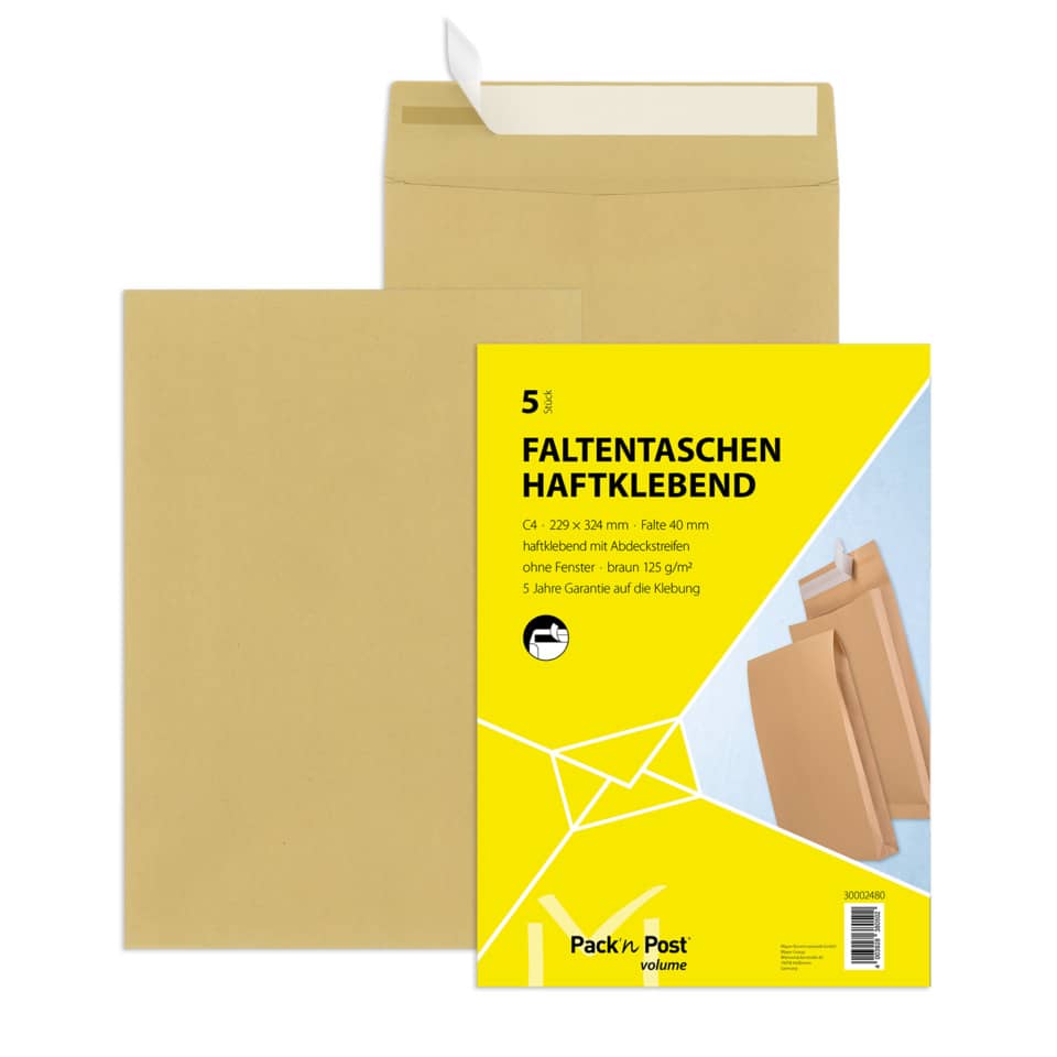 Faltentaschen - C4, ohne Fenster, 40 mm-Falte, Klotzboden, haftklebend, braun, 130 g/qm, 5 Stück