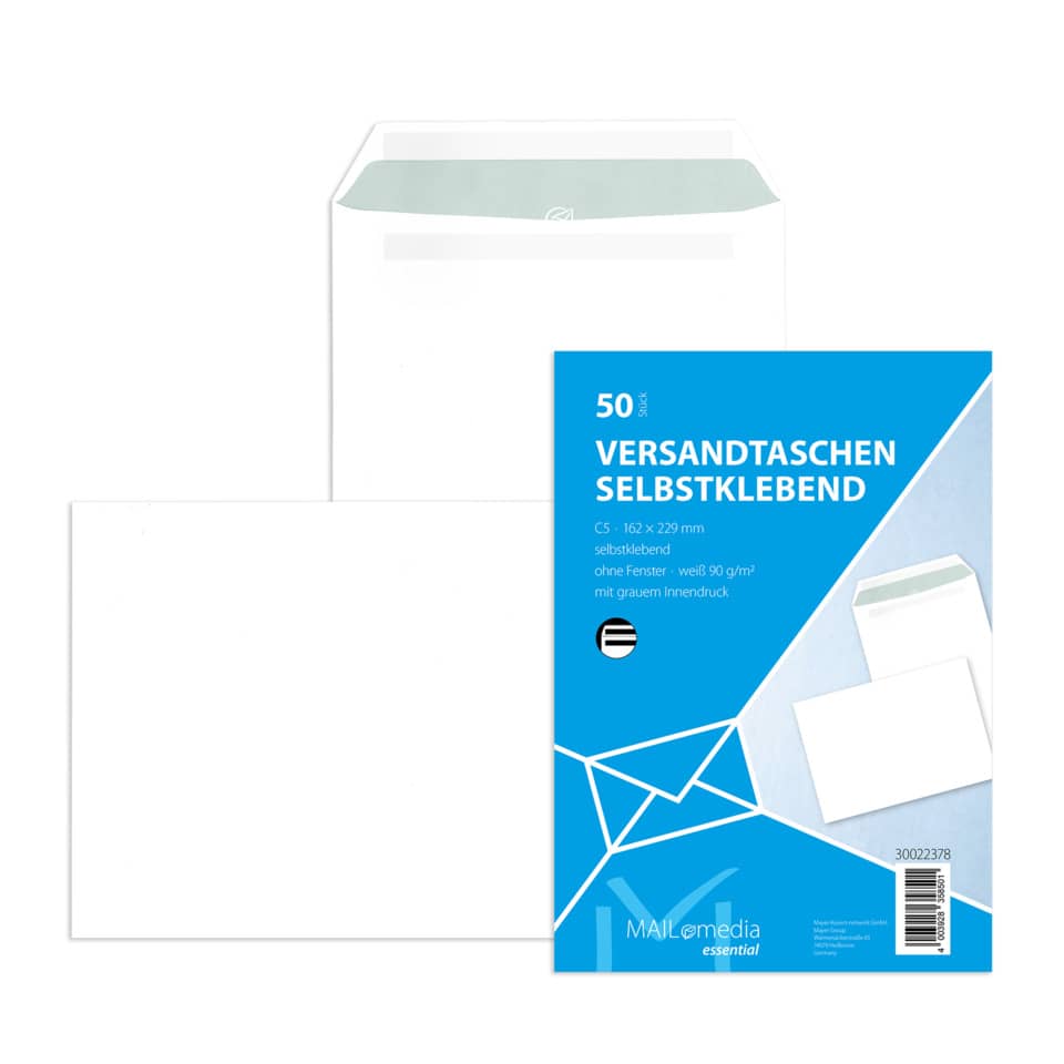 Versandtasche C5, selbstklebend, ohne Fenster, weiß, mit ID, 90 g/qm, 50 Stück