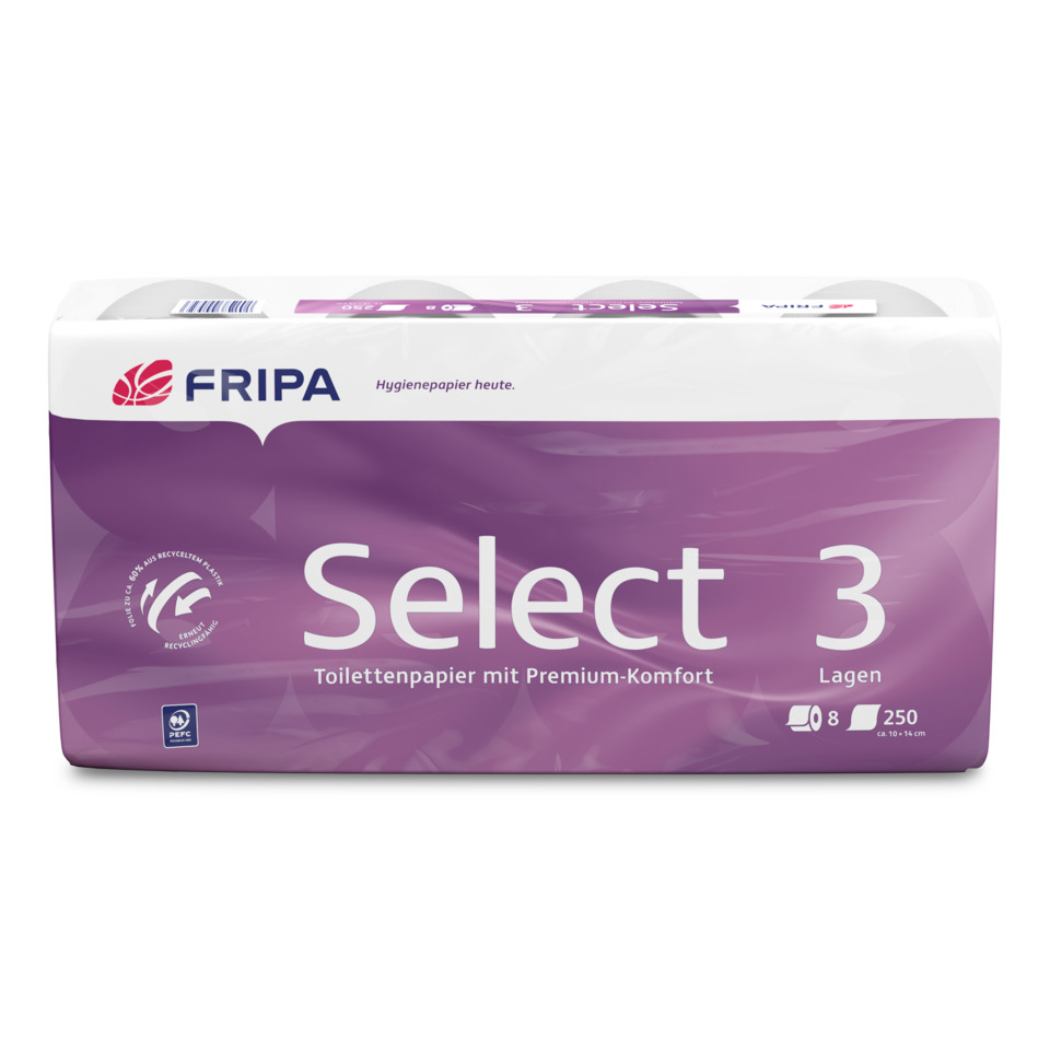 Toilettenpapier Select - 3-lagig, geprägt, hochweiß, 8 Rollen à 250 Blatt