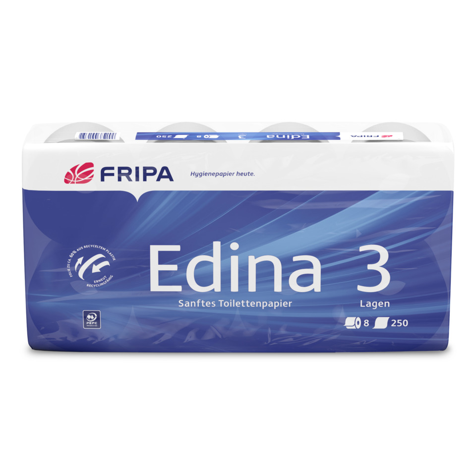Toilettenpapier Edina - 3-lagig, geprägt, hochweiß, 8 Rollen à 250 Blatt