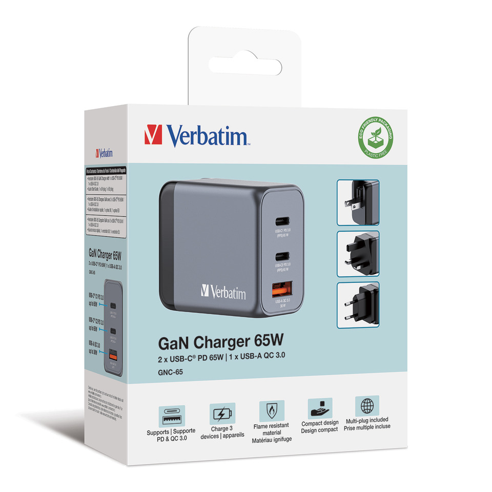 GaN-Ladegerät 65W, 1x USB-A , 2x USB-C, grau
