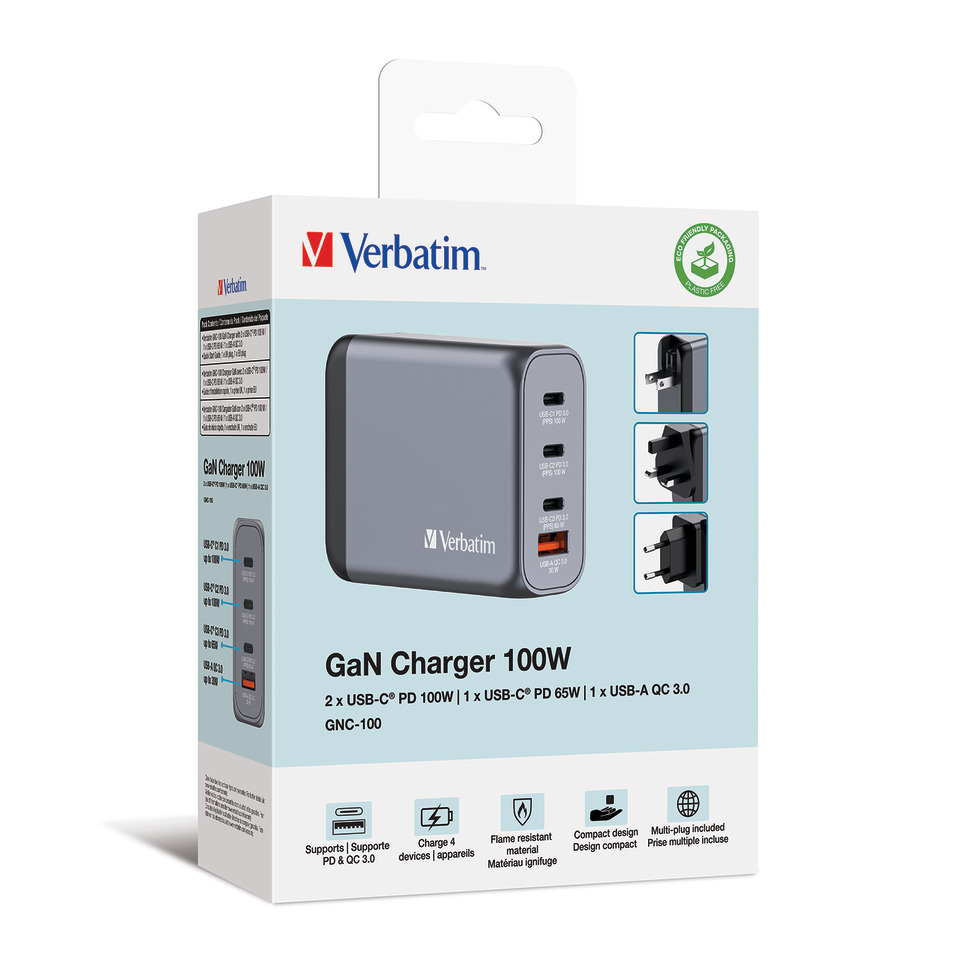 GaN-Ladegerät 100W, 1x USB-A , 3x USB-C, grau