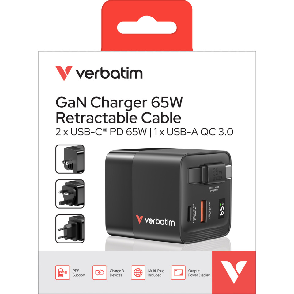 Ladegerät Charger, 65W, 3-fach Kabeleinzug, schwarz