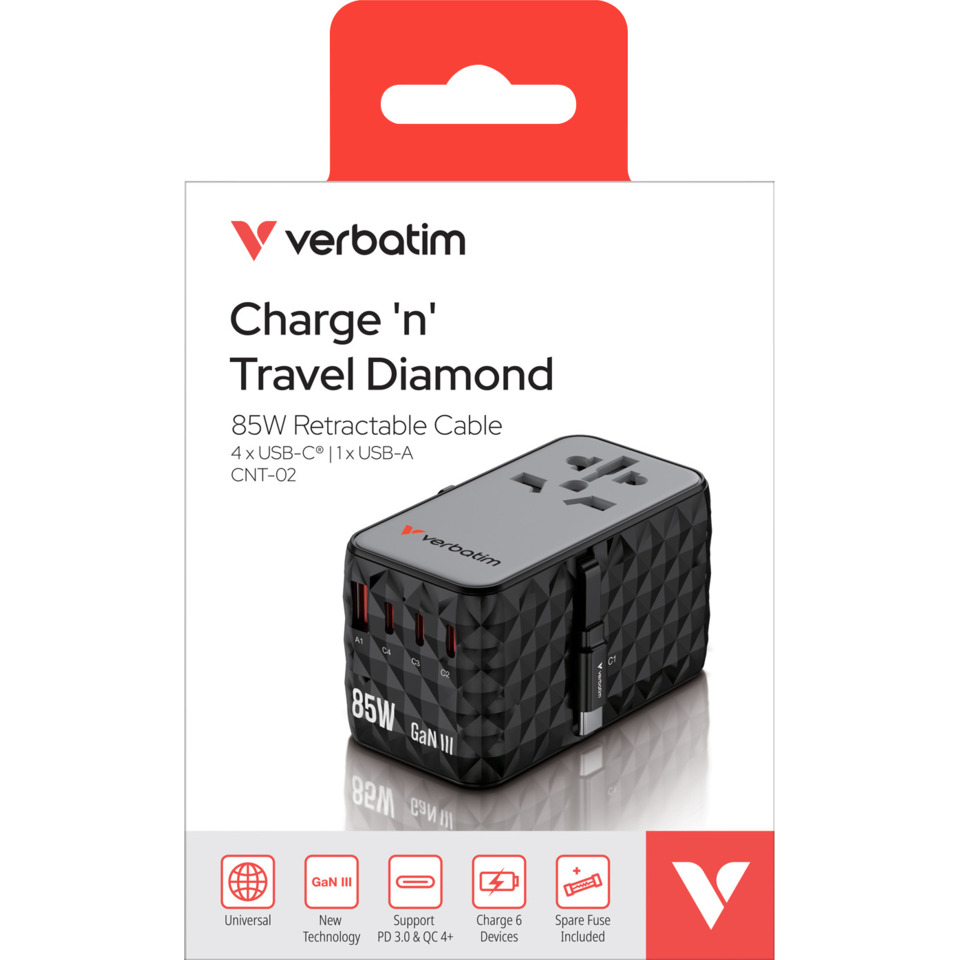 Ladegerät Travel-Charger 6in1, 85W, 5-fach Kabeleinzug, schwarz