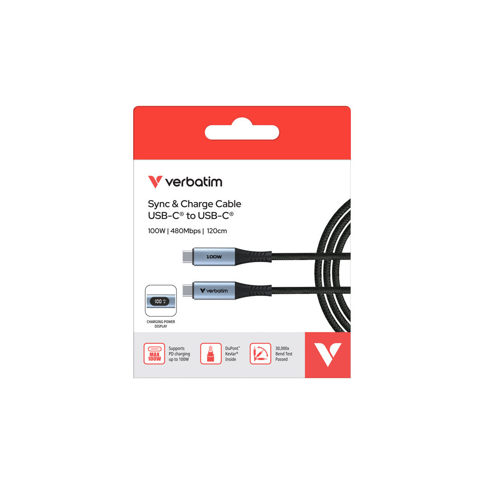 Ladekabel USB-C, 120 cm, 100W, LED, schwarz/silber
