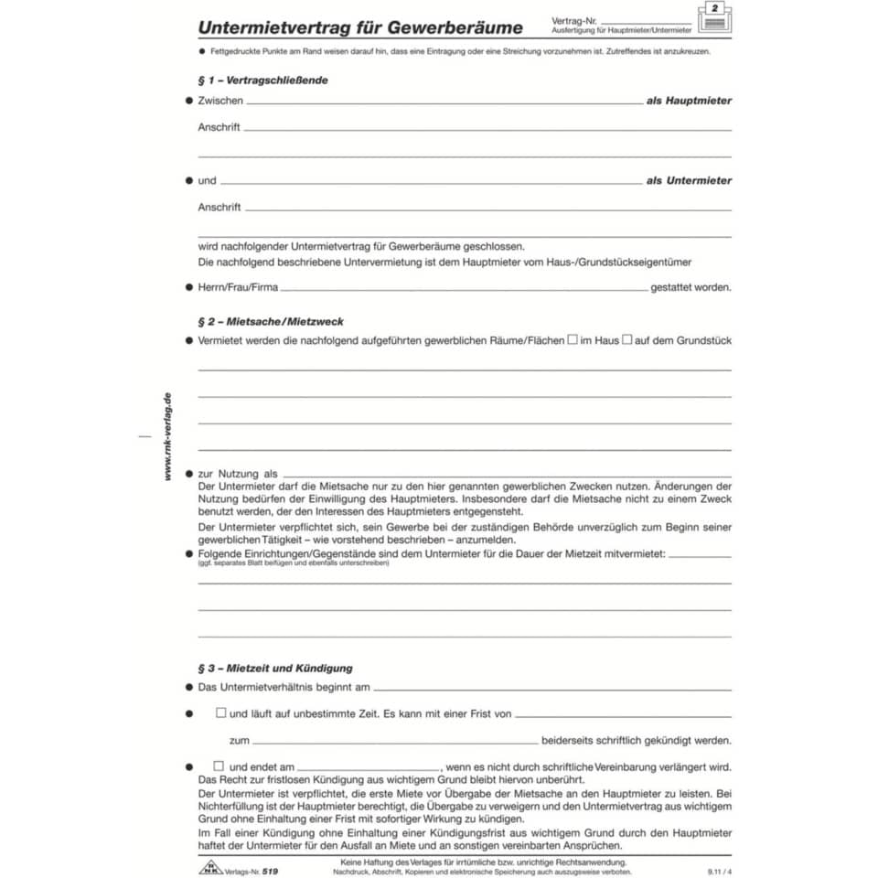 Untermietvertrag für Gewerberäume, 4 Seiten, gefalzt auf DIN A4