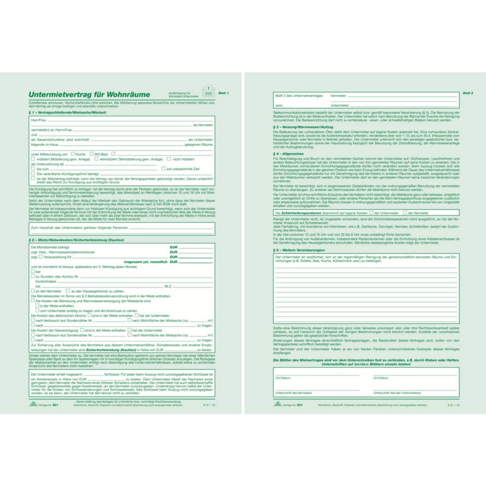 Untermietvertrag für Wohnräume - SD, 2 x 2 Blatt, DIN A4