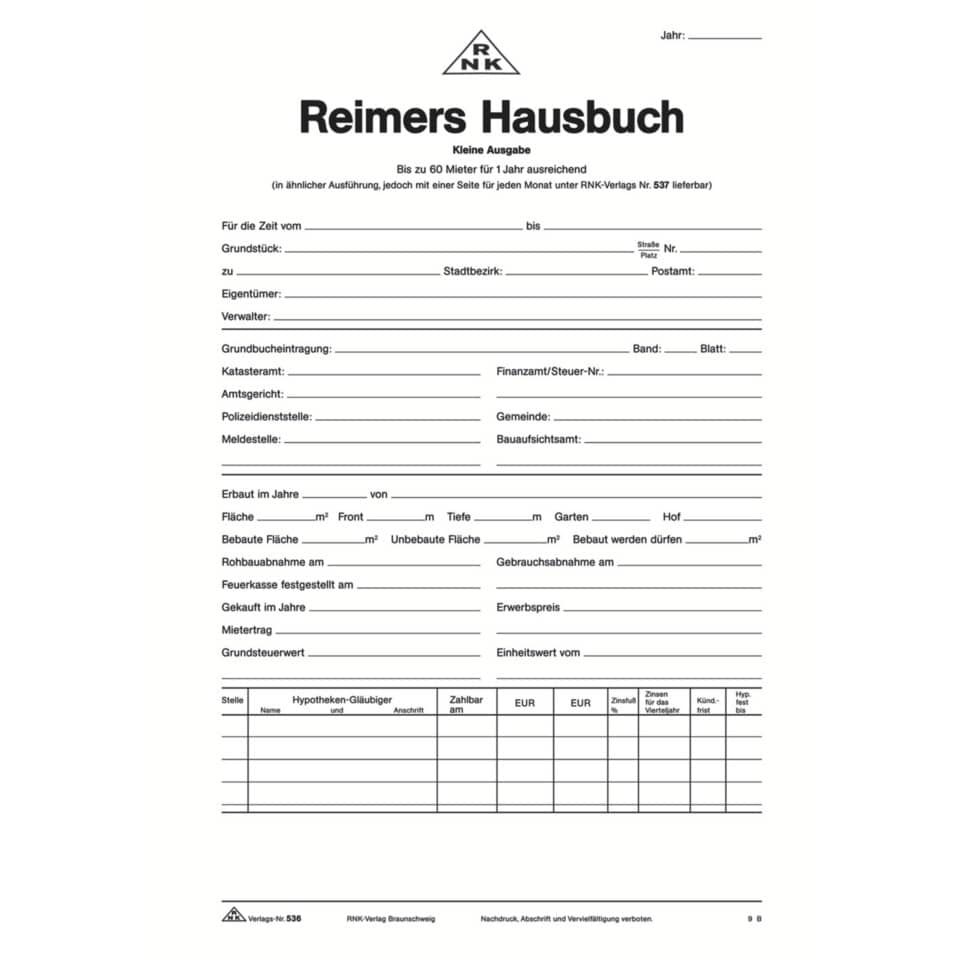 Reimers Hausbuch, 1 Seite für je 3 Monate, mit Jahreszusammenstellung, DIN A4
