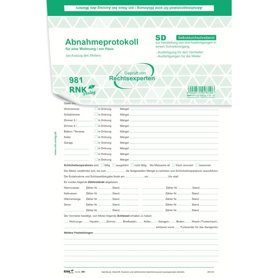Wohnungs-Abnahmeprotokoll - SD, 2 x 2 Blatt, DIN A4