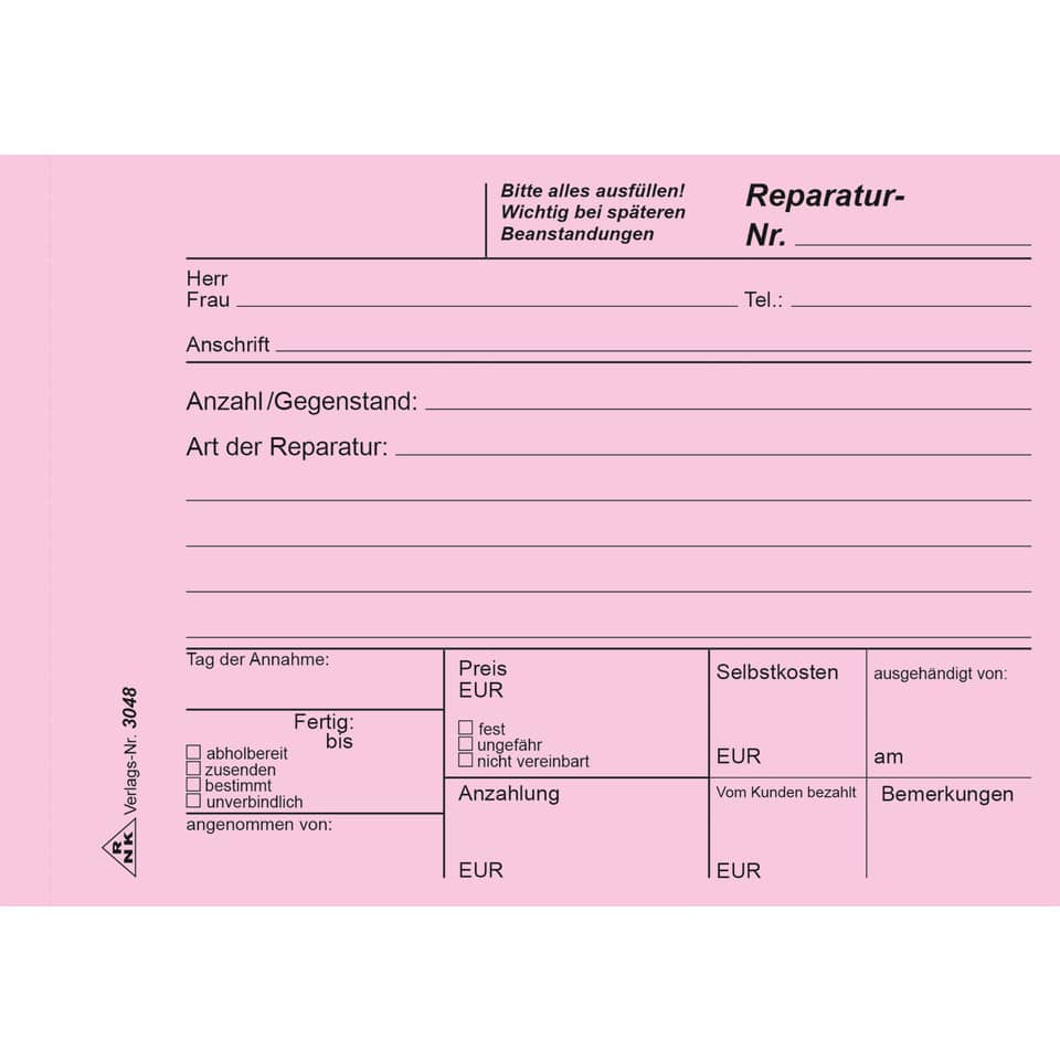 Reparaturschein - Block - SD, 3 x 40 Blatt, DIN A6 quer