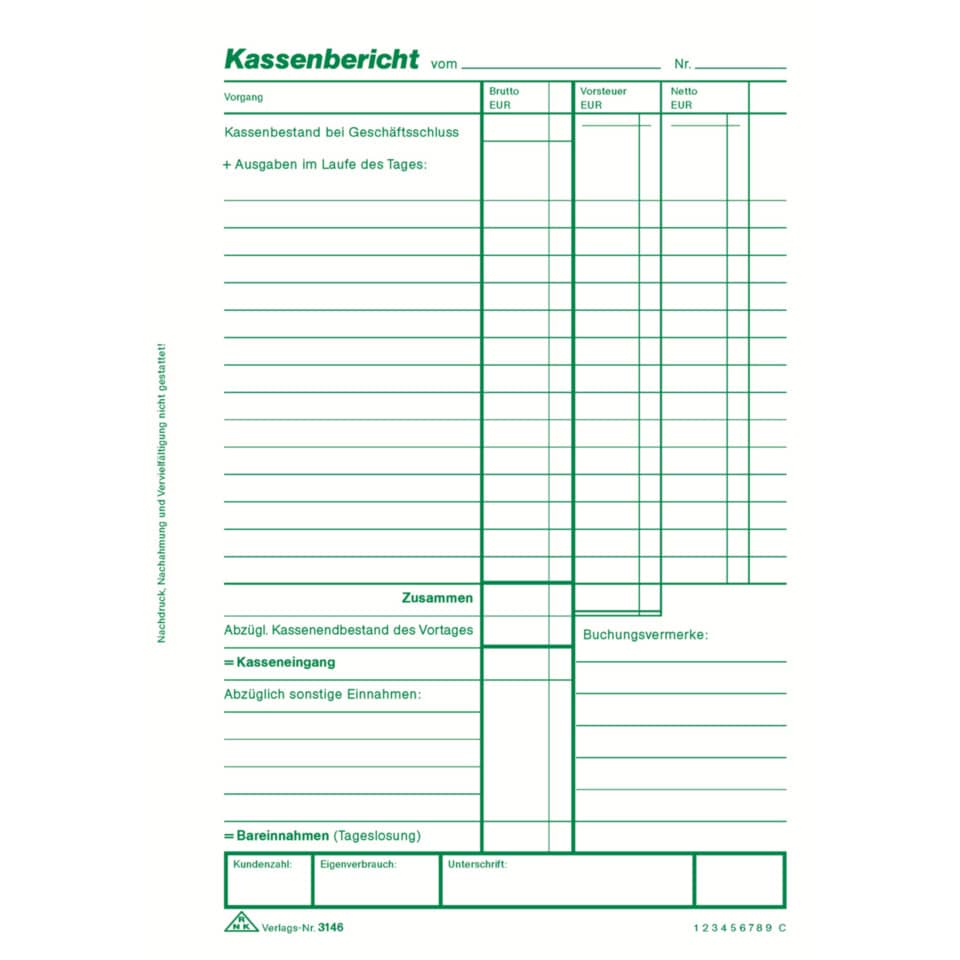 Kassenbericht - Block mit Vorsteuer-Erfassung, 50 Blatt, DIN A5