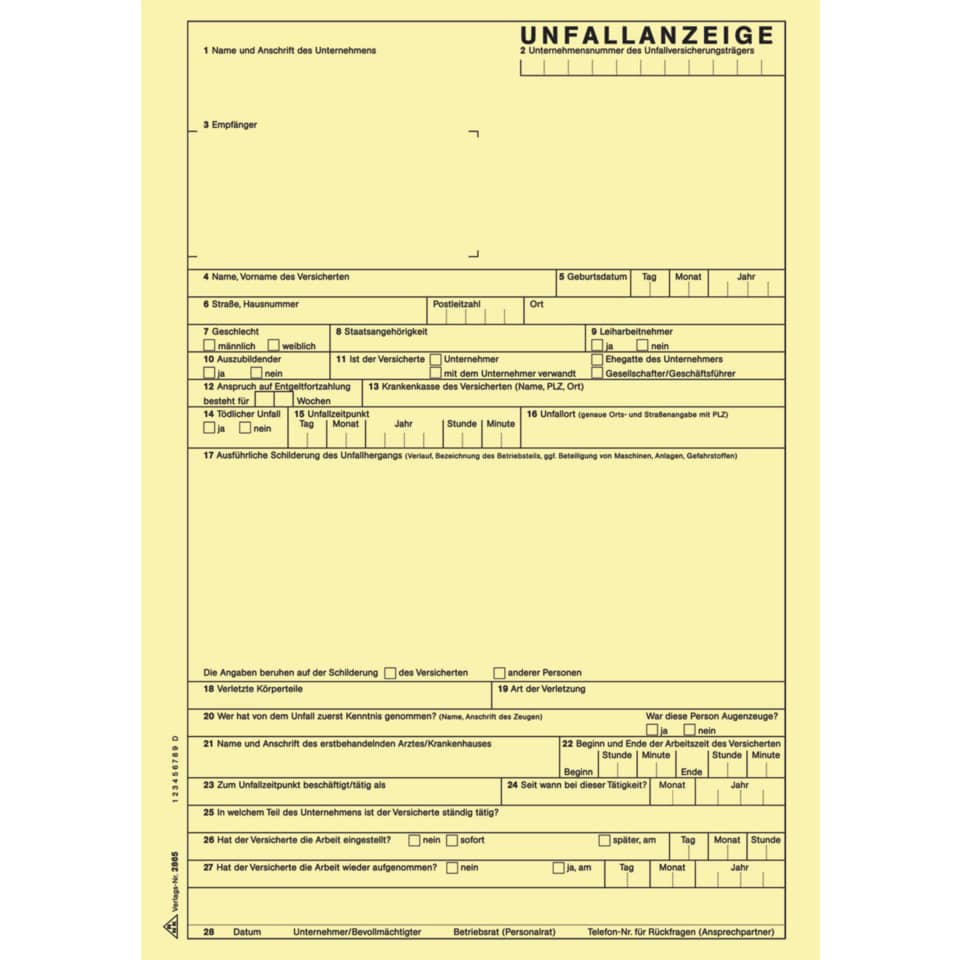 Unfallanzeige für Arbeitsunfall - SD, 1 x 5 Blatt, DIN A4, + 1 Seite Hinweise