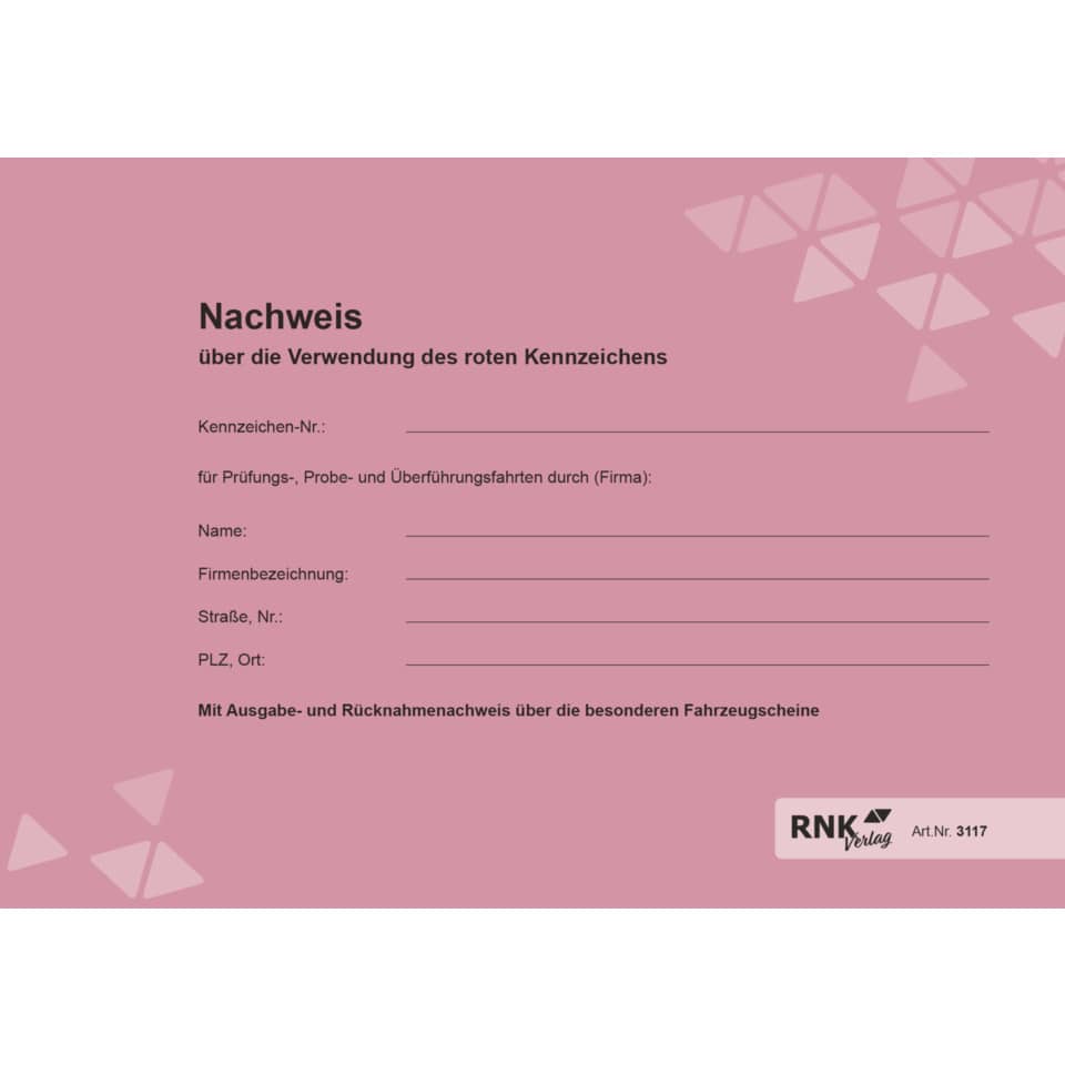 Nachweisheft für rote Kennzeichen - 16 Seiten, A5 quer