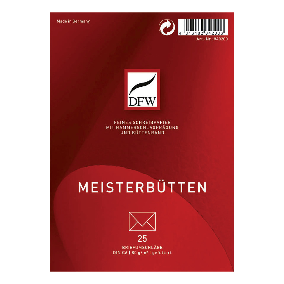 Briefumschlag Meisterbütten - DIN C6, gefüttert, 80 g/qm, 25 Stück