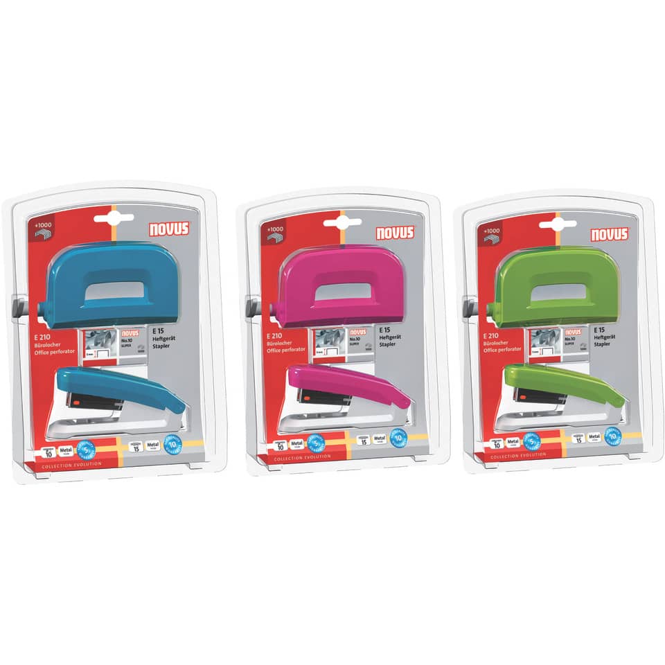 Heftgerät E15 + Locher E210 - sortiert, inkl. Heftkammern, Blisterverpackung