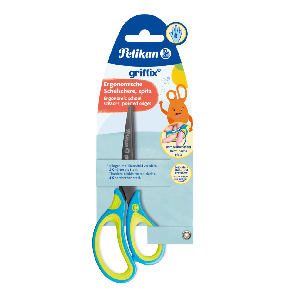 griffix® Schulschere - 15 cm, Neon Fresh Blue, spitz, inkl. Namenssticker, Blisterkarte