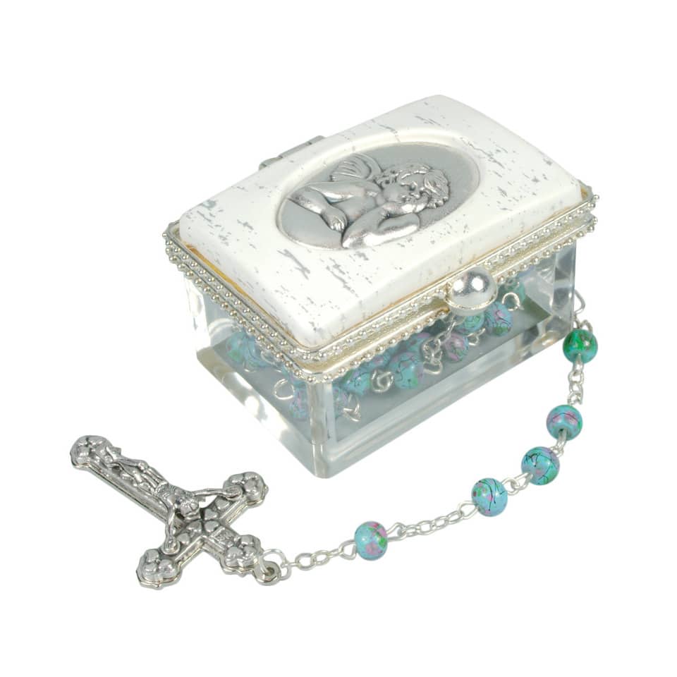 Rosenkranzset - Dose mit Kunsstoffperlen, blau, ca. 40 cm