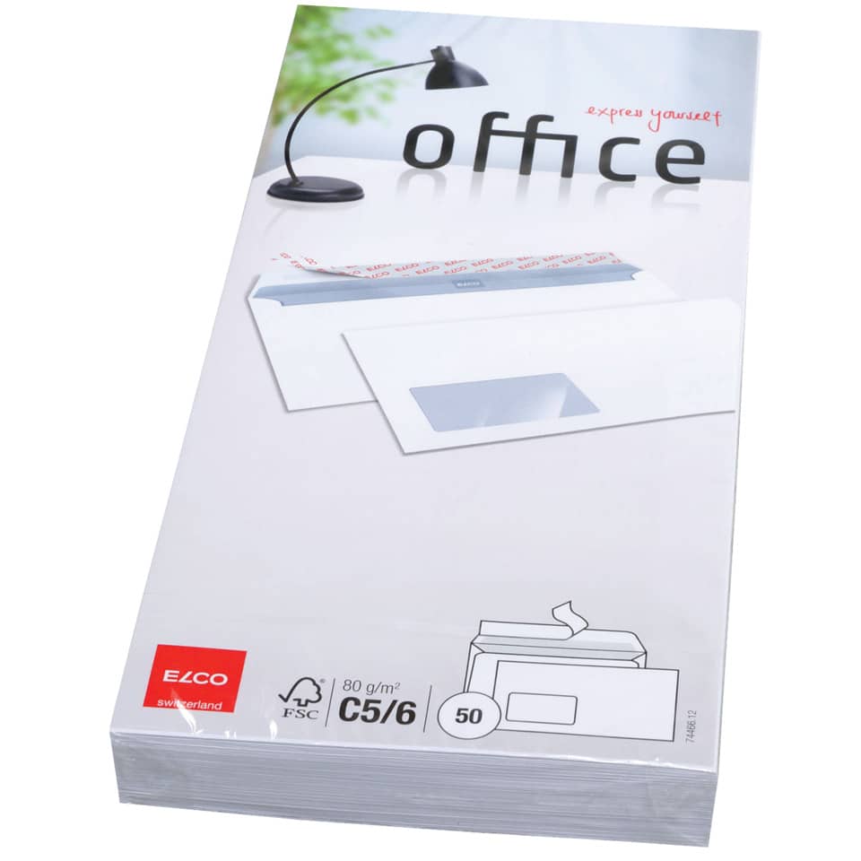 Briefumschlag Office - C5/6, hochweiß, haftklebend, mit Fenster, 80 g/qm, 50 Stück
