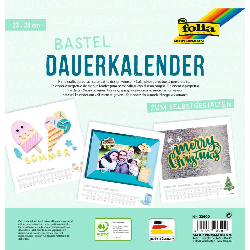 Bastelkalender - 23 x 24 cm, weiß, 1 blanko Deckblatt + 12 Monatsblätter
