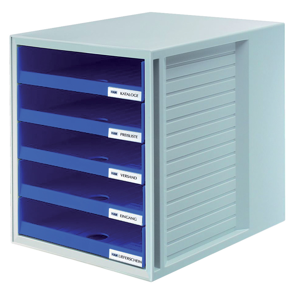 Schublabdenbox SCHRANK-SET - A4/C4, 5 offene Schubladen, lichtgrau/blau