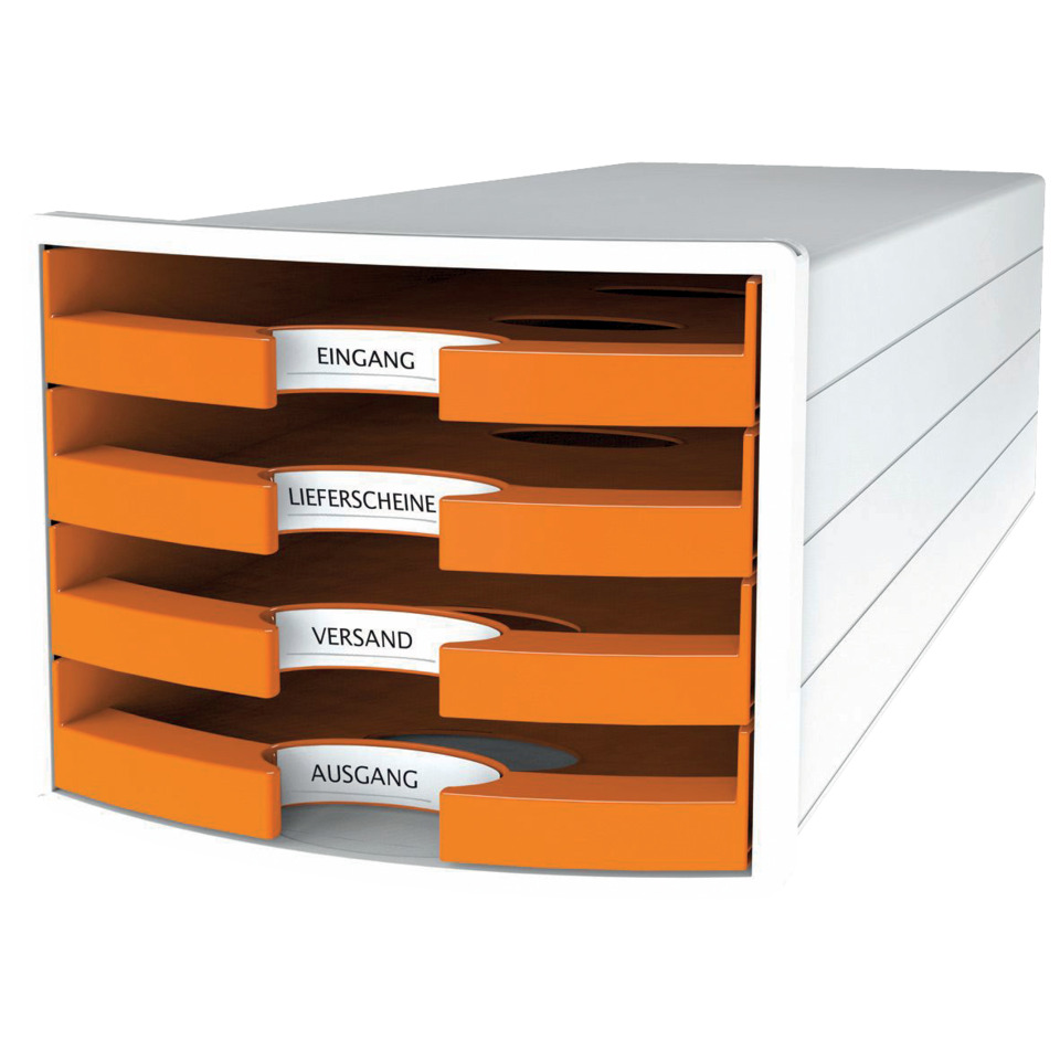 Schubladenbox IMPULS - A4/C4, 4 offene Schubladen, weiß/orange