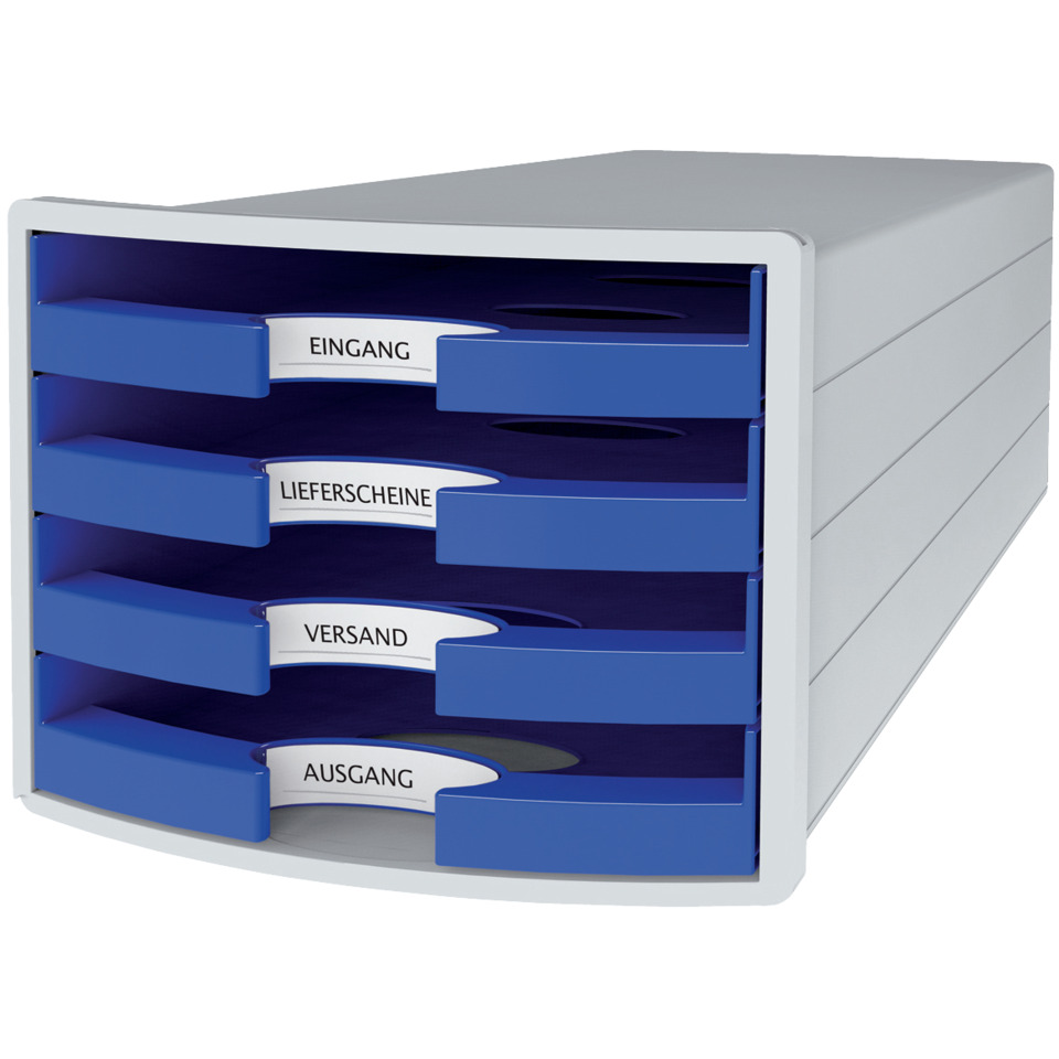 Schubladenbox IMPULS - A4/C4, 4 offene Schubladen, lichtgrau/blau