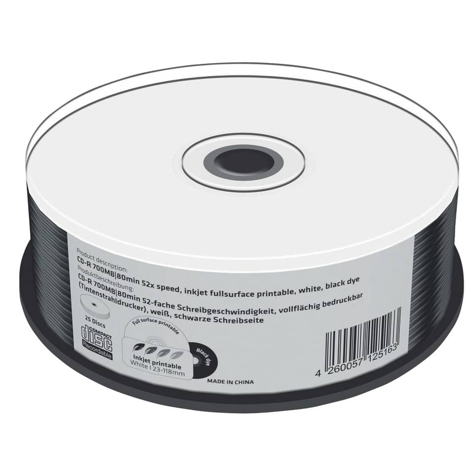 CD-R 700MB, 80min 52-fache Schreibgeschwindigkeit, vollflächig bedruckbar (Tintenstrahldrucker), schwarze Schreibseite, 25er Cakebox