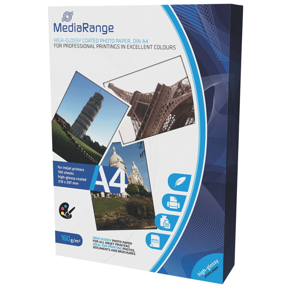 DIN A4 Fotopapier für Tintenstrahldrucker, hochglänzend, 160g, 100 Blatt