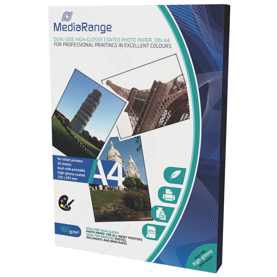 DIN A4 Fotopapier für Tintenstrahldrucker, beidseitig hochglänzend, 160g, 50 Blatt