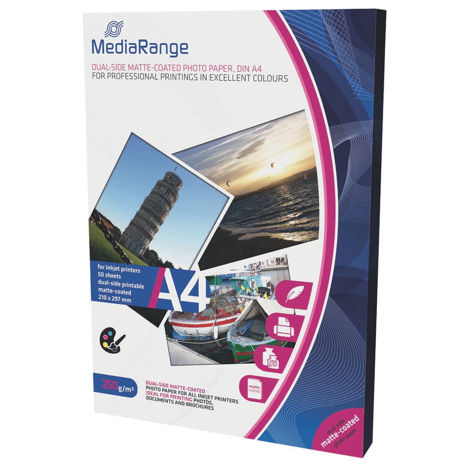 DIN A4 Fotopapier für Tintenstrahldrucker, beidseitig matt, 250g, 50 Blatt