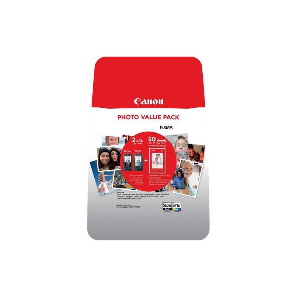 Original Canon Druckkopfpatrone Multipack schwarz + color +50 Blatt Fotopapier (3712C008,PG-560XL+CL-561XL)