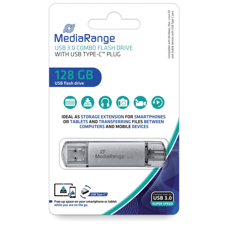 USB Stick 3.0 - 128 GB, Kombo-Stick mit USB Type-C Stecker, silber