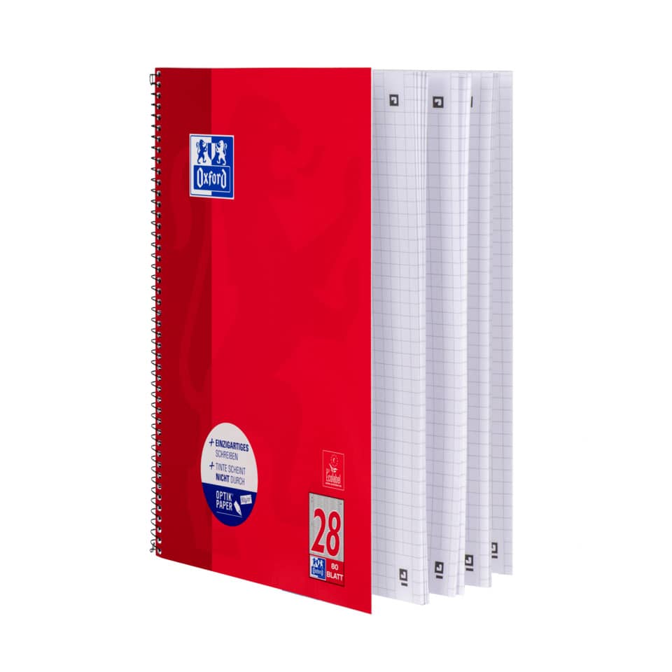 Collegeblock Schule - 90 g/qm, A4+, kariert, 80 Blatt, Rand links und rechts, perforiert, 4-fach Lochung, rot