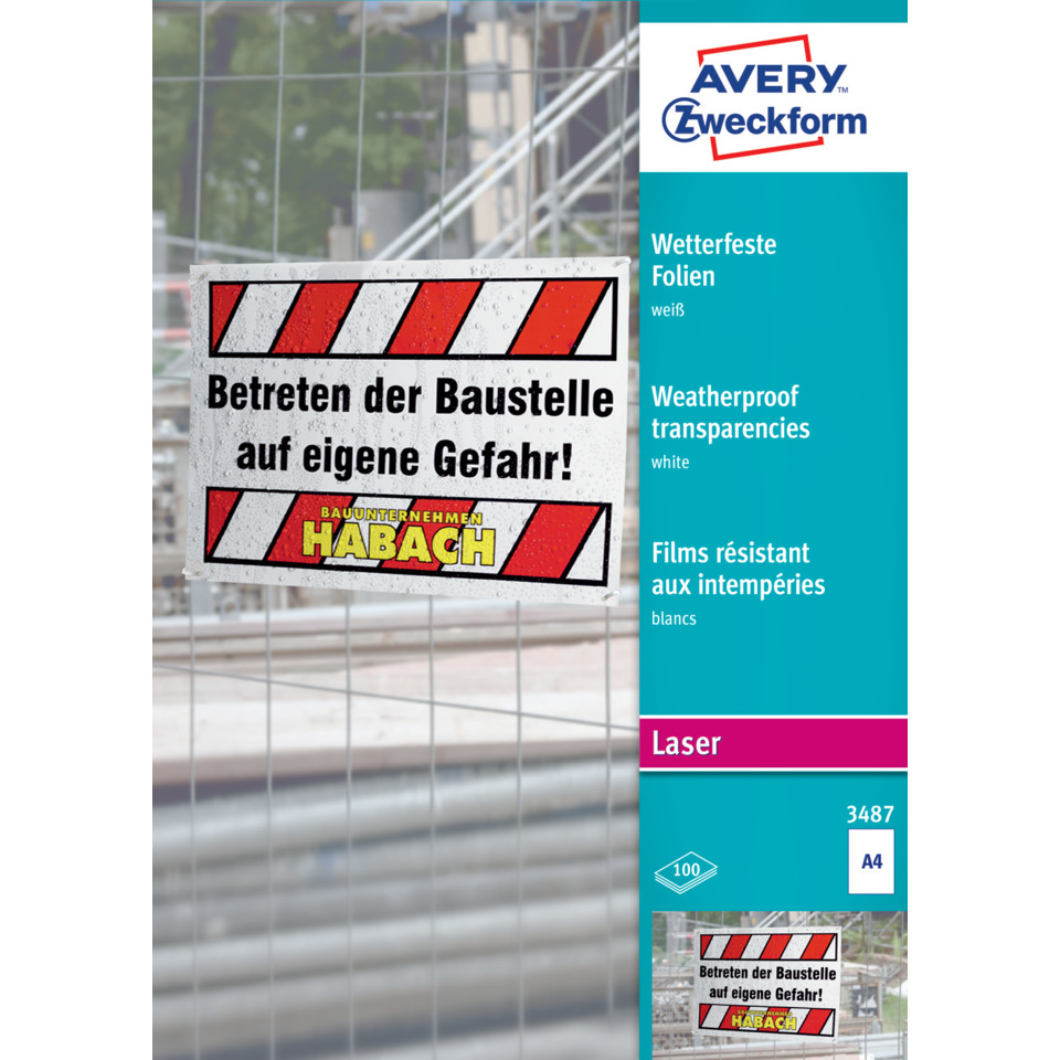 3487 Wetterfeste Folie - A4, spezialbeschichtet, Stärke 0,13 mm, 100 Blatt