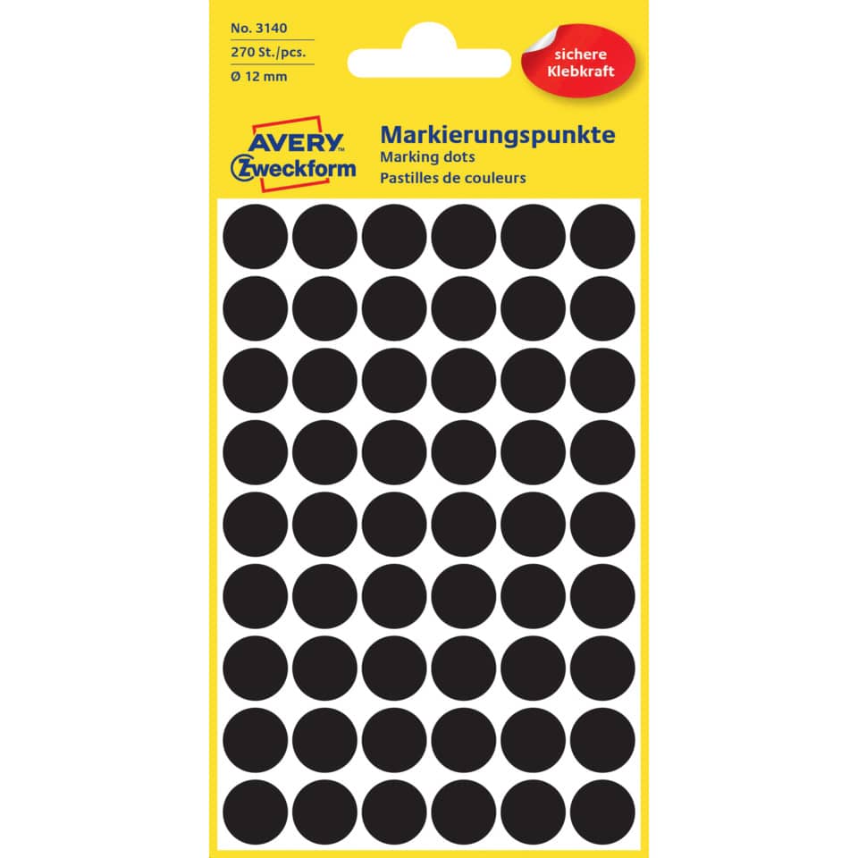 3140 Markierungspunkte - Ø 12 mm, 5 Blatt/270 Etiketten, schwarz