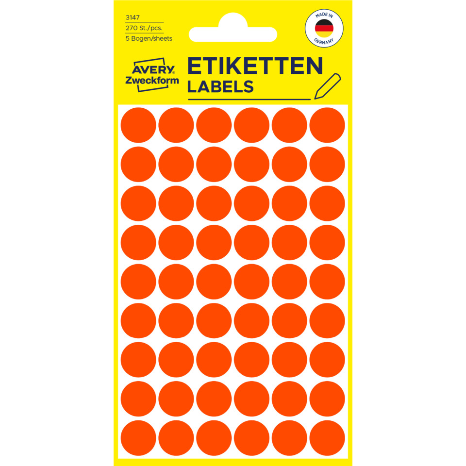 3147 Markierungspunkte - Ø 12 mm, 5 Blatt/270 Etiketten, leuchtrot