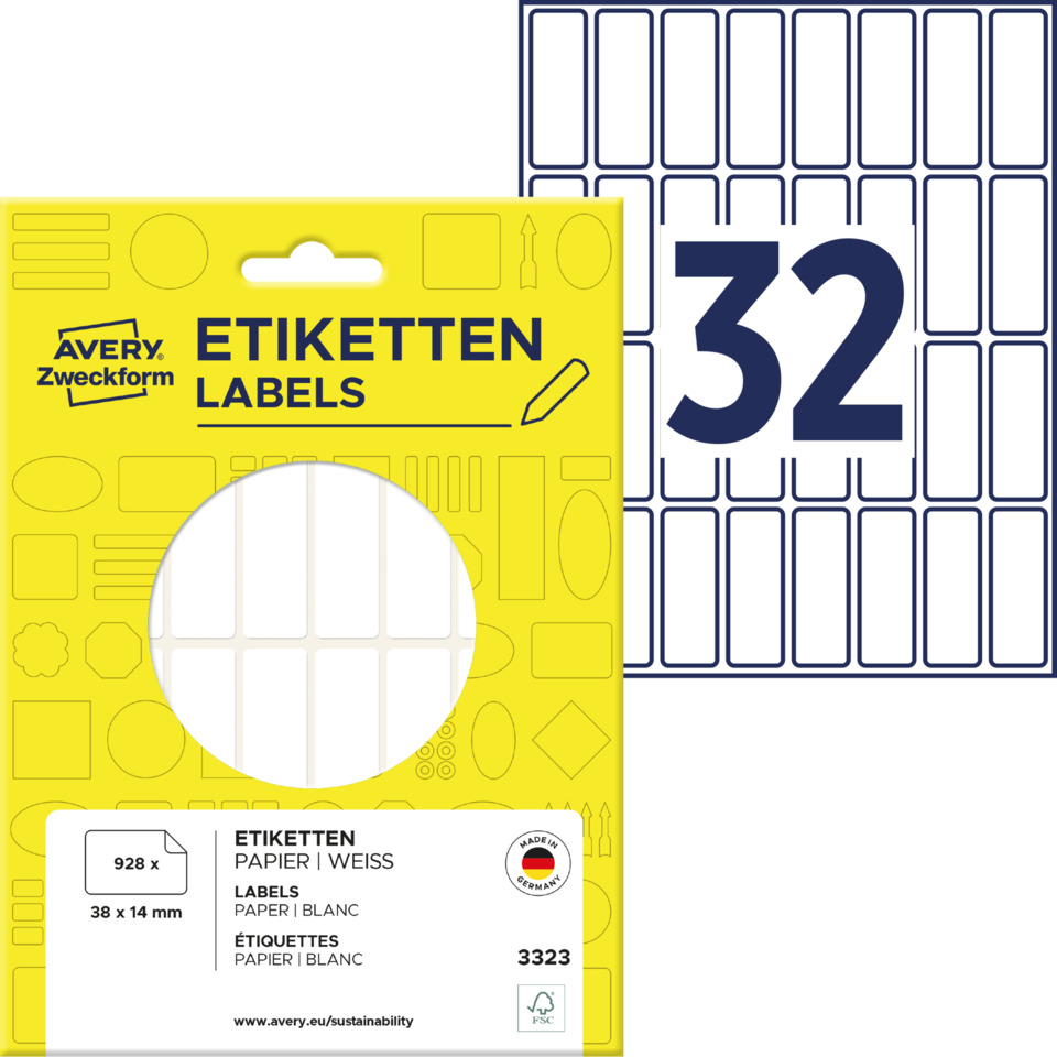 3323 Universal-Etiketten - 38 x 14 mm, weiß, 928 Etiketten/29 Blatt, permanent