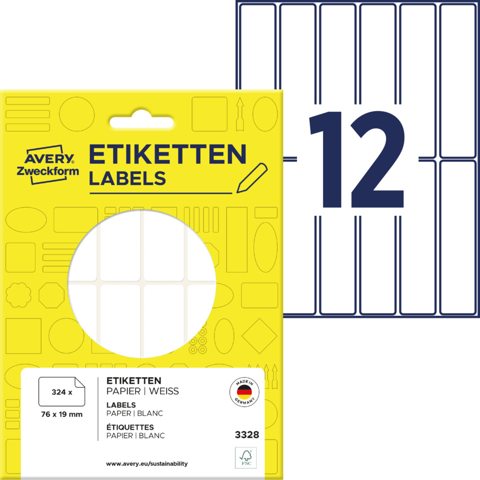 3328 Universal-Etiketten - 76 x 19 mm, weiß, 324 Etiketten/27 Blatt, permanent