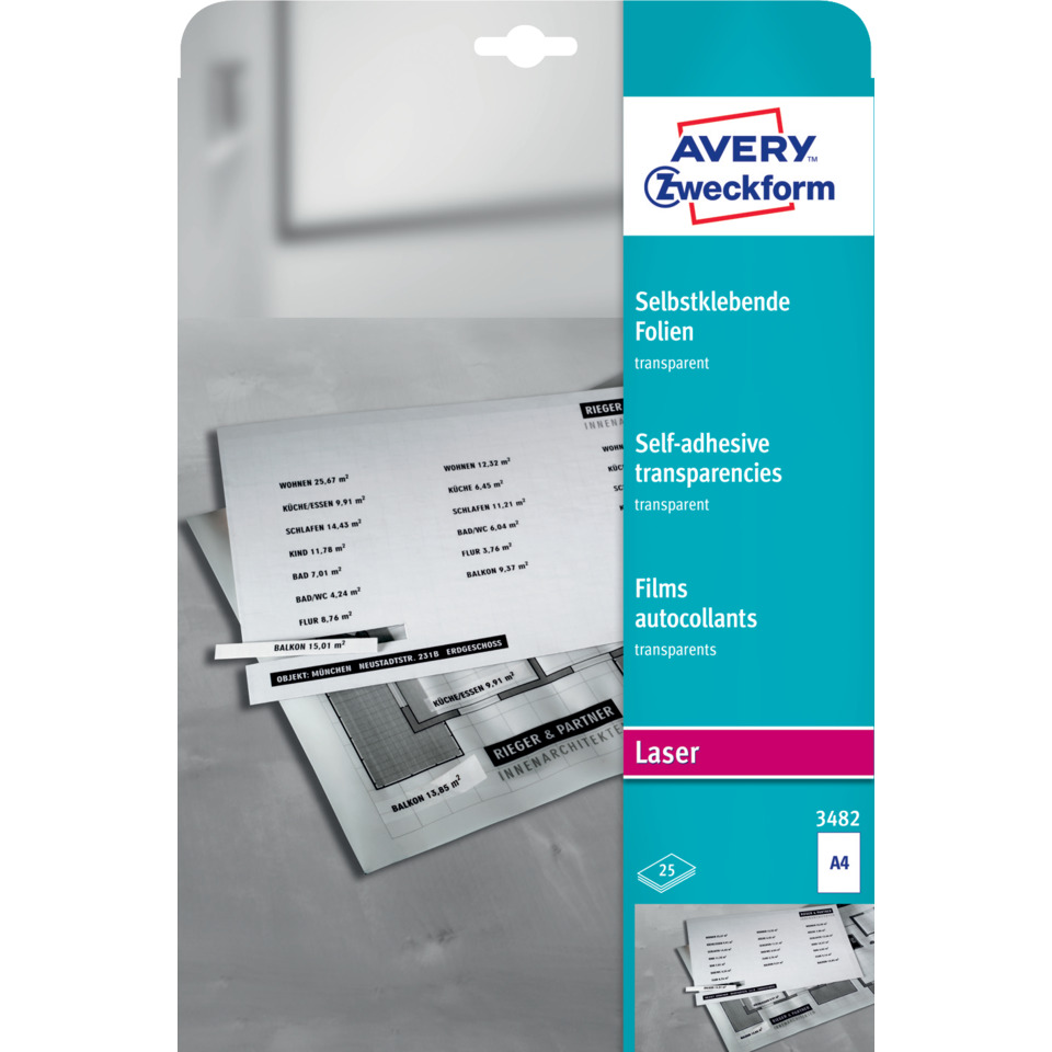 3482 Transparente, selbstklebende Folien, DIN A4, spezialbeschichtet, stapelverarbeitbar, selbstklebend, Stärke: 0,14 mm, Obermaterial: 0,43 mm, 25 Blatt