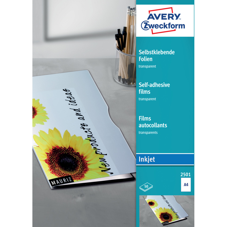2501 Transparente, selbstklebende Folien, DIN A4, spezialbeschichtet, stapelverarbeitbar, selbstklebend, Stärke: 0,17 mm, 50 Blatt