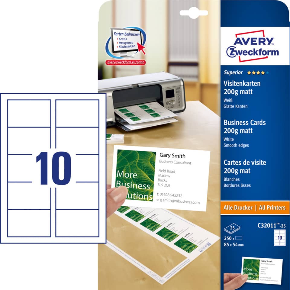 C32011-25 Superior Visitenkarten, 85 x 54 mm, einseitig beschichtet - matt, 25 Blatt/250 Stück