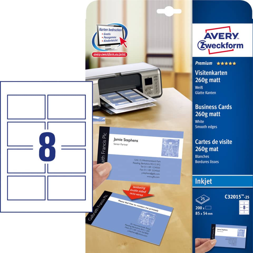 C32015-25 Premium Visitenkarten, 85 x 54 mm, Inkjet-Spezialbeschichtung beidseitig - matt, 25 Blatt/200 Stück