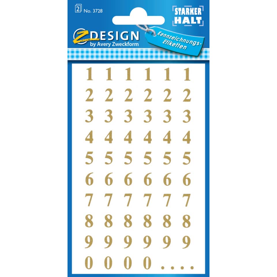 3728 Zahlen-Etiketten - 0-99, 7,5 mm, gold, selbstklebend, witterungsbeständig, 124 Etiketten