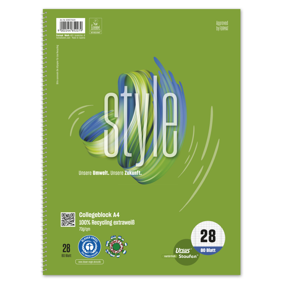 Collegeblock LIN28 - A4, 80 Blatt, 70 g/qm, kariert mit Rand